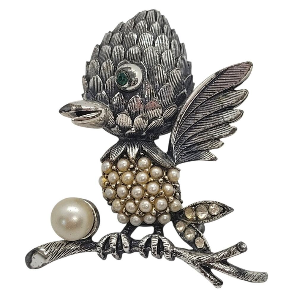 Tortolani Vintage 60s Baby Bird Brooch Pave Pearl Rhinestone Silver Tone Retro